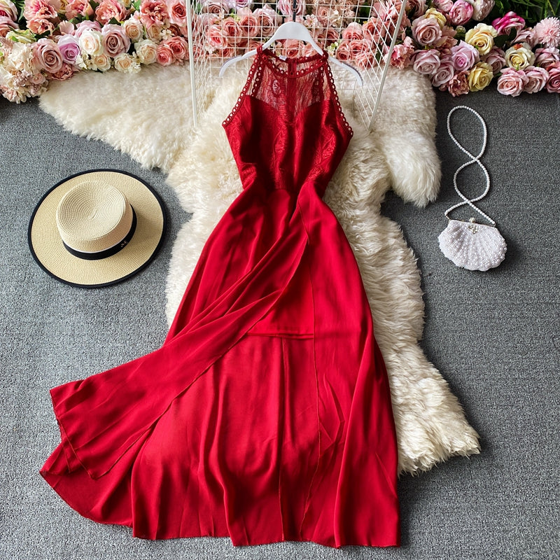 Sexy round neck hanging neck off shoulder slim Chiffon split skirt  3147