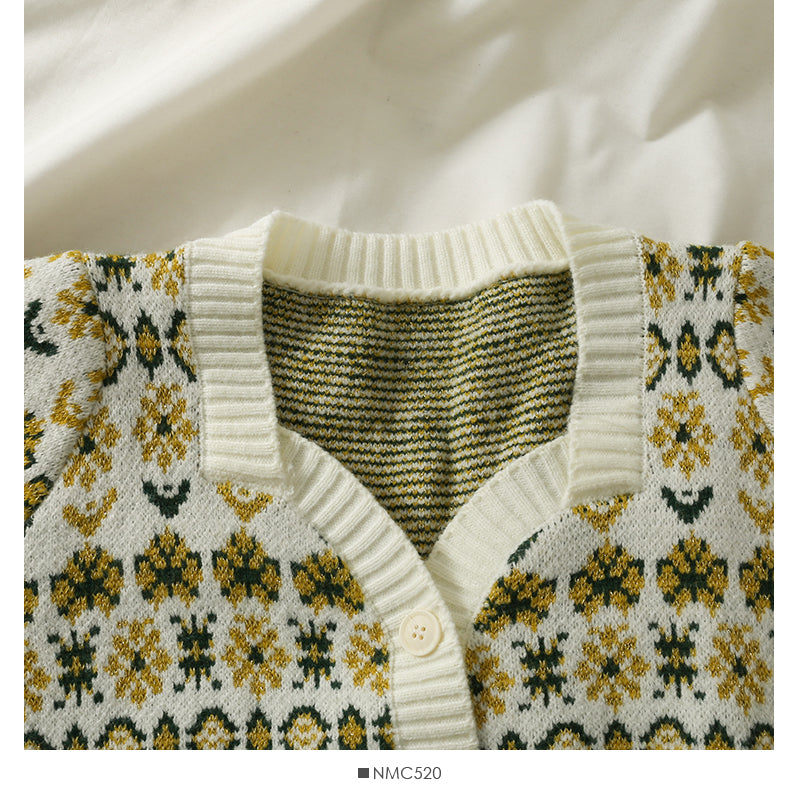 Sweater women's Vintage printed low neck single breasted cardigan top  1836