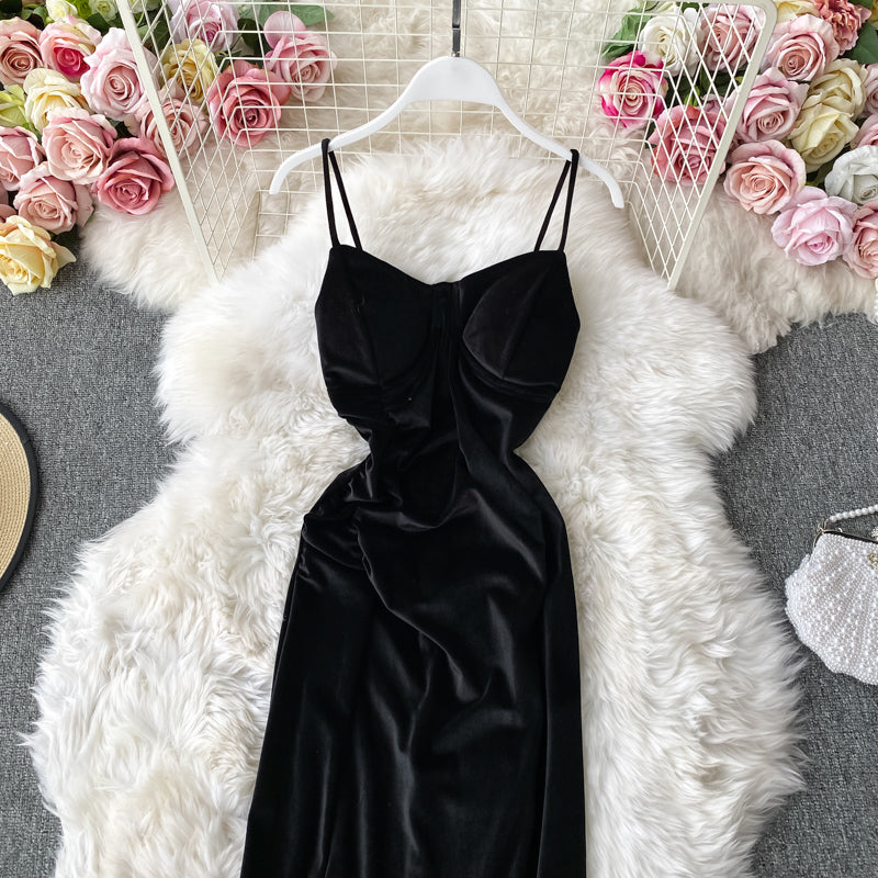 Vintage Hepburn velvet dress split Strapless suspender dress  3142