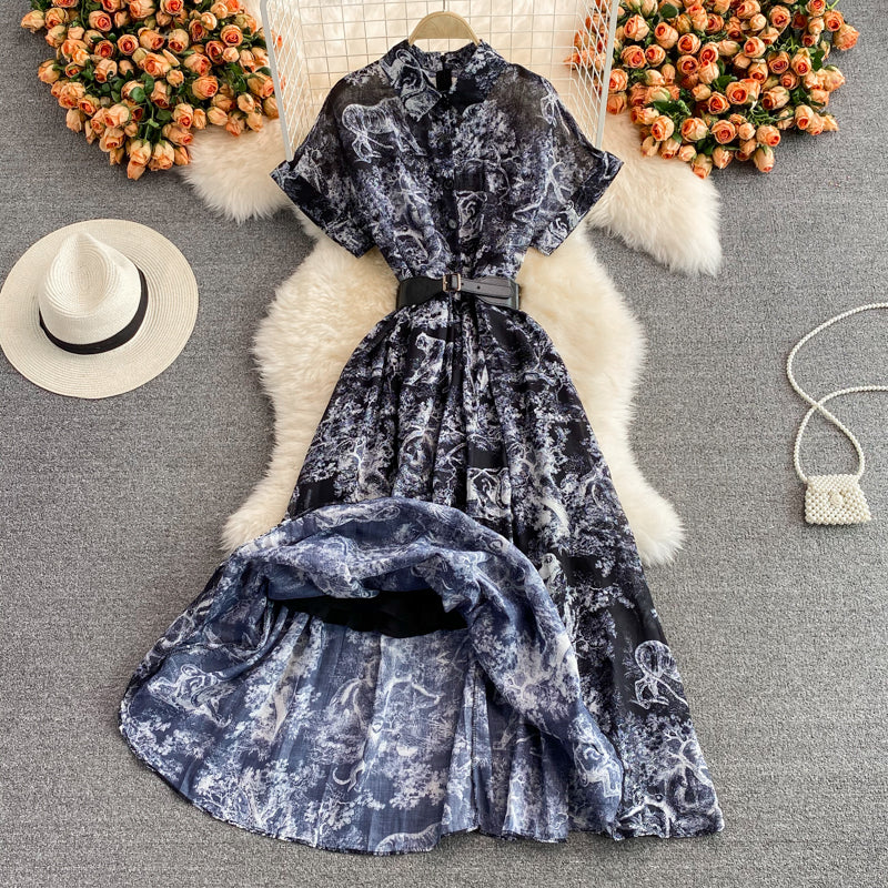 Knee length Vintage Printed Dress with waist cut and long skirt  3223