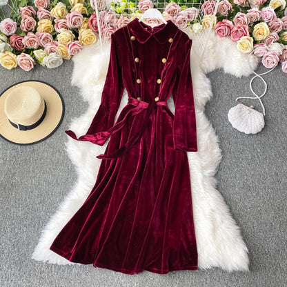 Puppenrevers-Goldknopf-Schmalkleid, großes Swing-Samtkleid 3144