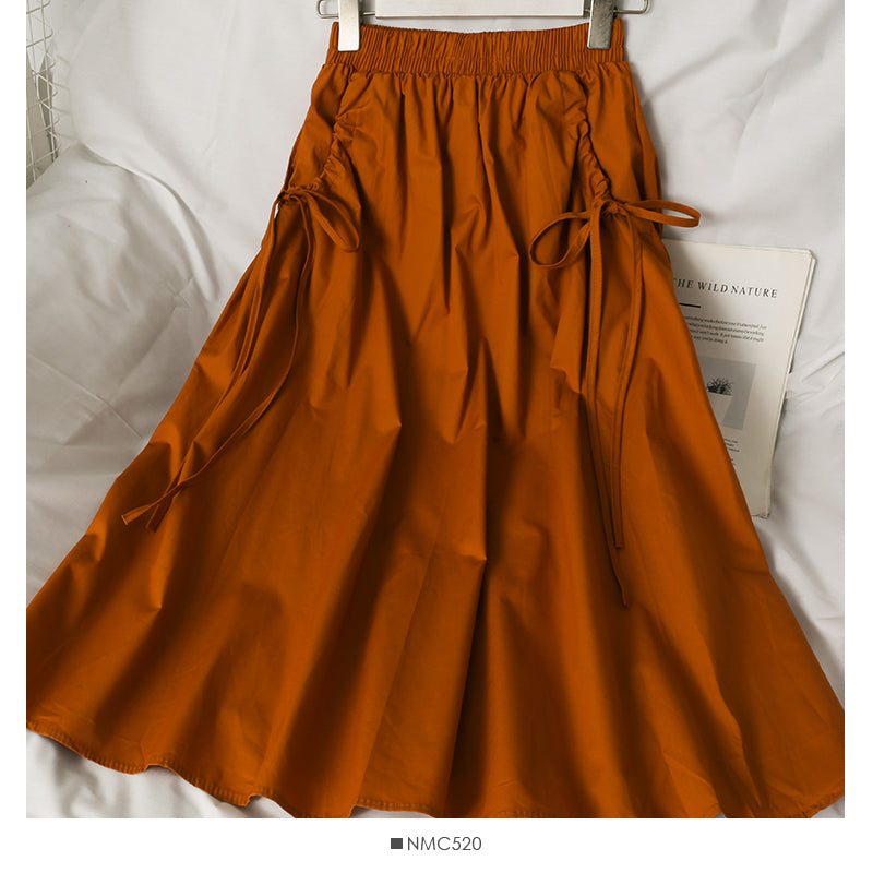 Elastic waist and thin two layers of solid color medium length A-line skirt for women  2589