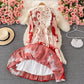 Temperament loose bow tie lace print dress  3351