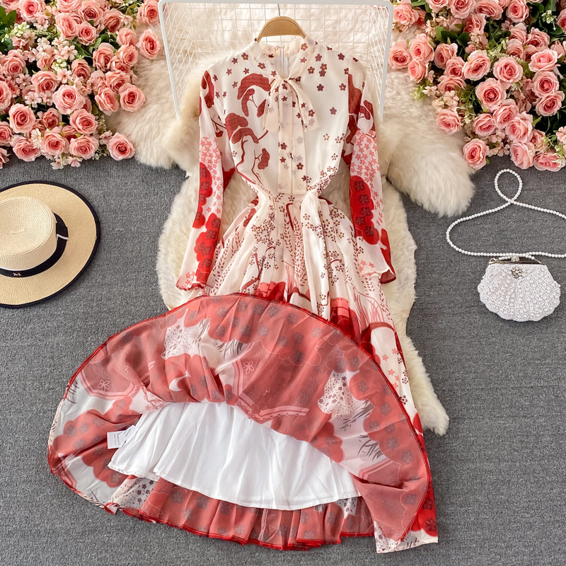 Temperament loose bow tie lace print dress  3351