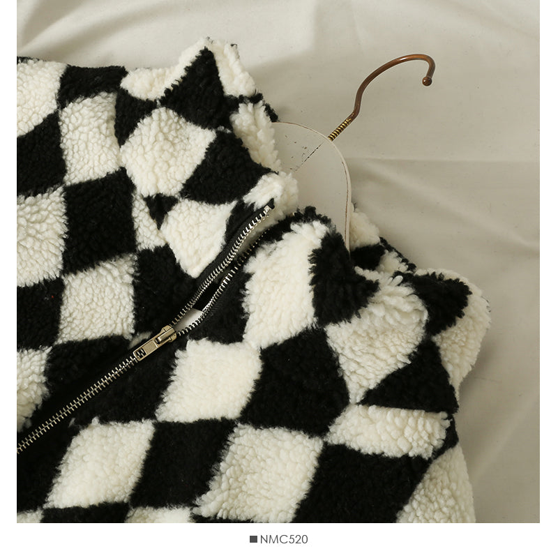 Diamond Plaid high neck bubble sleeve thickened jacket female drawstring lamb wool  2118