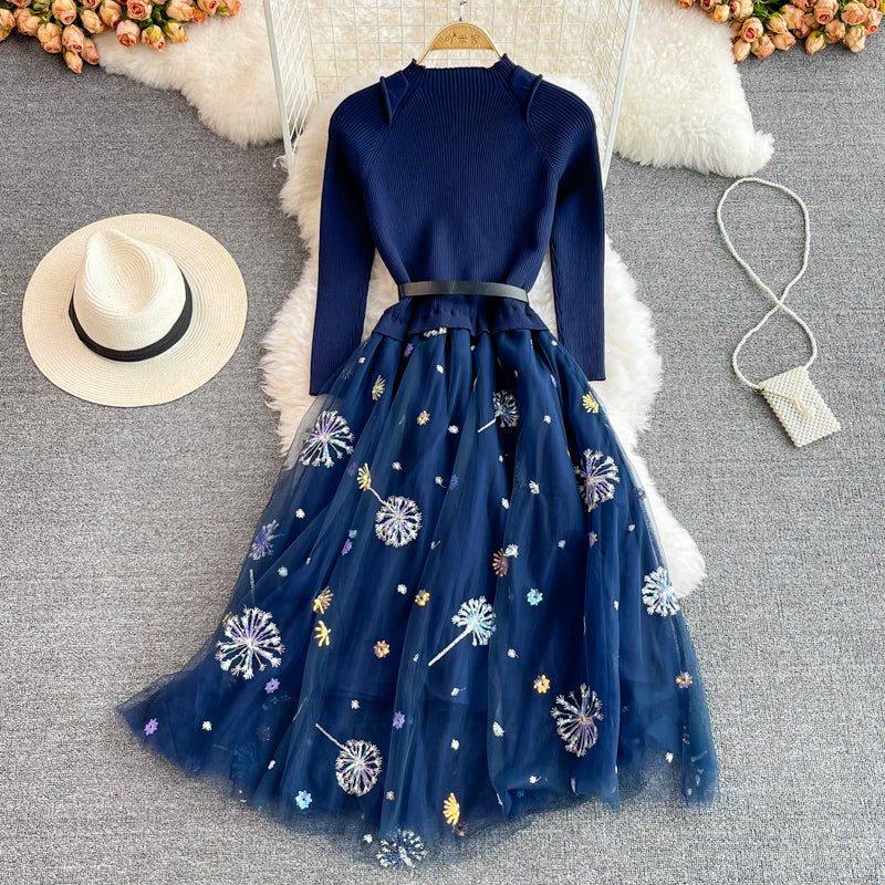 Celebrity temperament stand collar bottomed knitted dress  2870