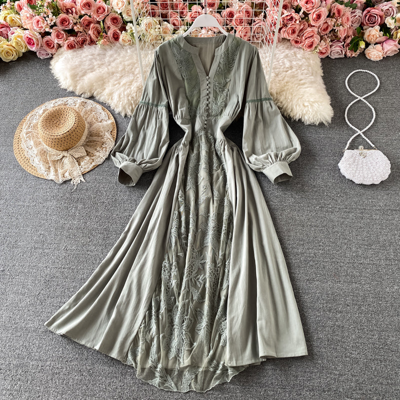Gentle wind closing waist Lantern Sleeve V-neck dress  3183
