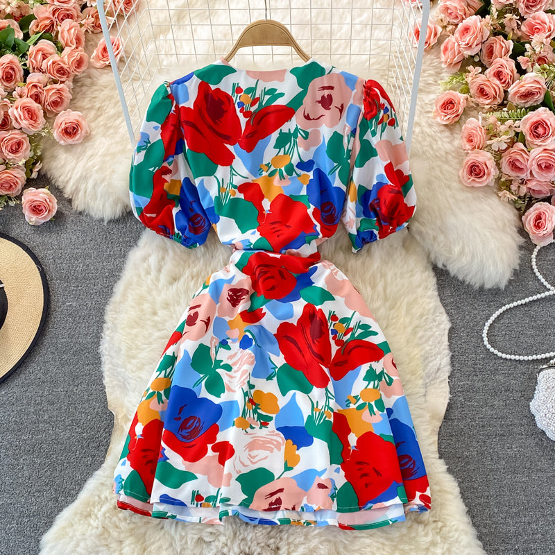 French retro V-neck Floral Dress  2923