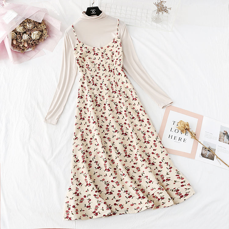 Two piece set of high necked bottom shirt + suspender floral skirt  2365