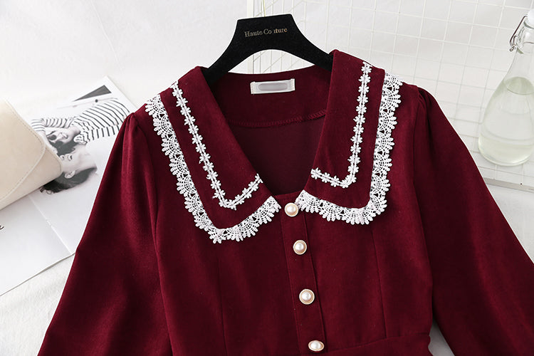 Lace doll neck red dress  2312