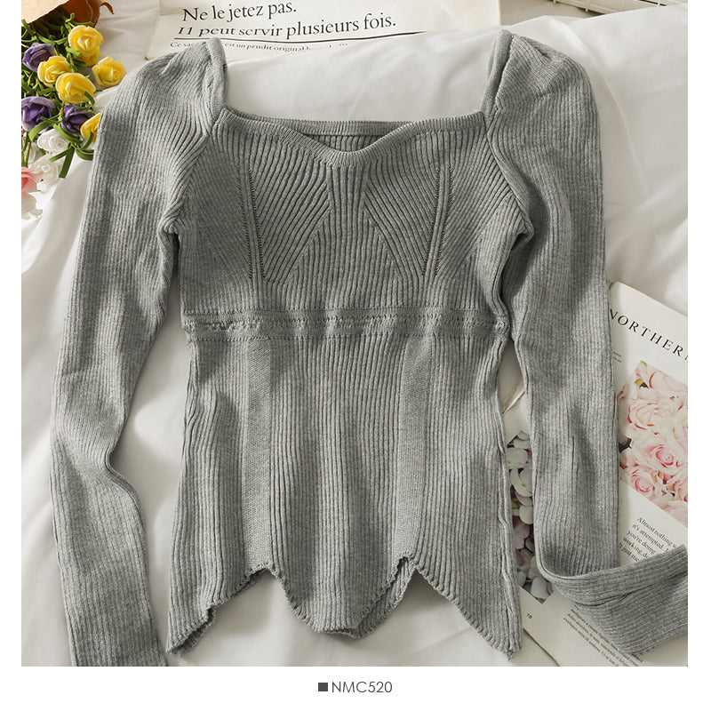 Irregular tight long sleeved foreign style sweater, women's straight shoulder exposed collarbone, versatile  1938