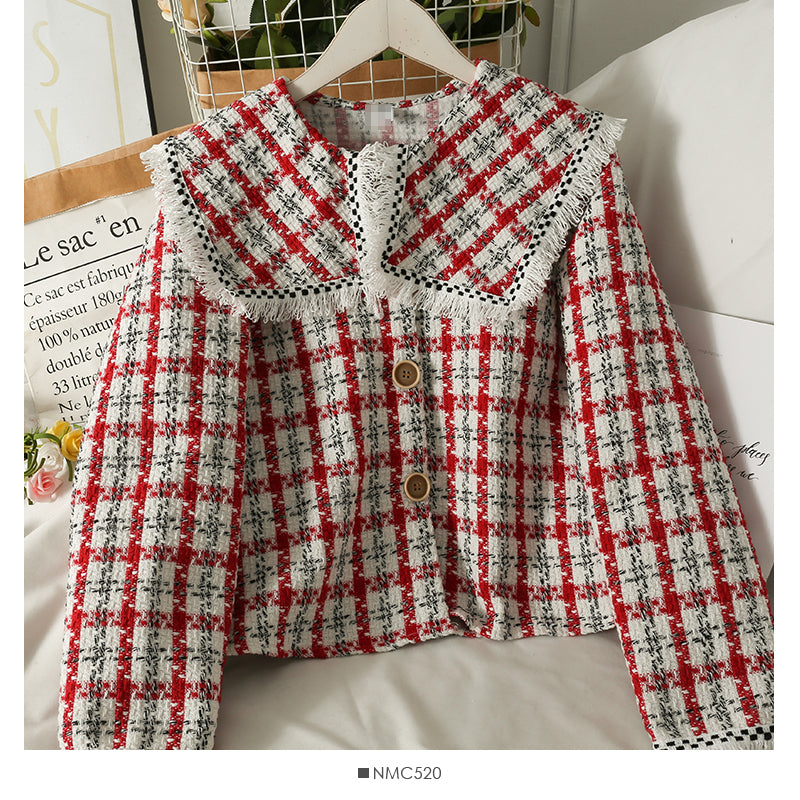 Hong Kong style retro tassels woolen baby collar tweed short shirt style coat women  2119