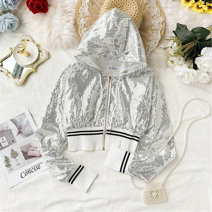 Coat Korean versatile Sequin hooded cardigan jacket  1654