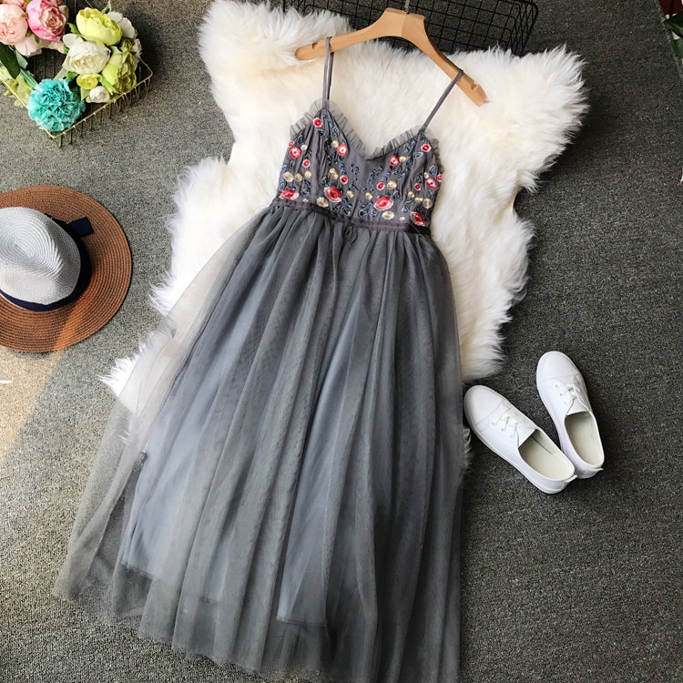 Embroidered Flower high waist thin mesh puffy dress  3397