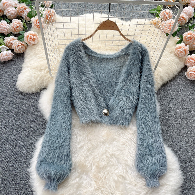 Kurzer Mohair Cardigan Damen Plüsch Pullover Mantel 1598