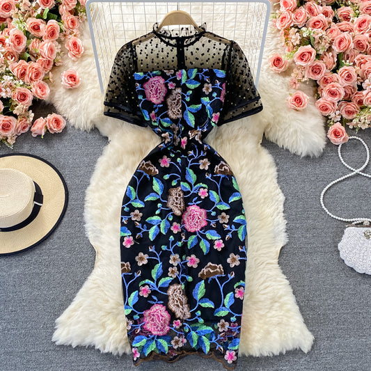Mesh stitching heavy industry embroidery Hip Wrap Dress  3072