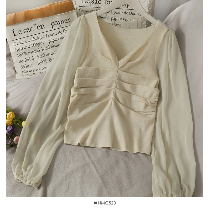 Korean Chiffon stitched bubble long sleeve T-shirt  2027