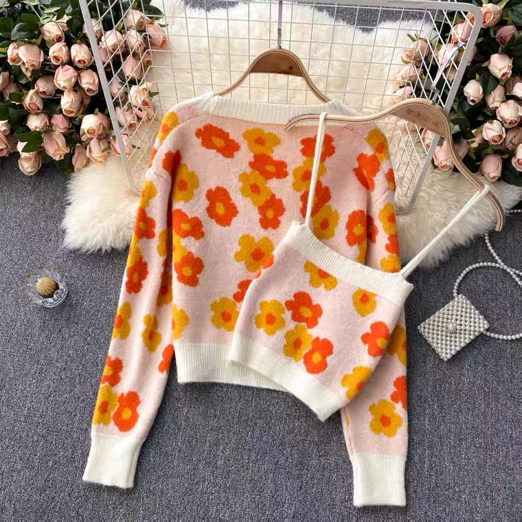 Automne, frais, à la mode, haut à bretelles spaghetti, pull cardigan, deux costumes 1395