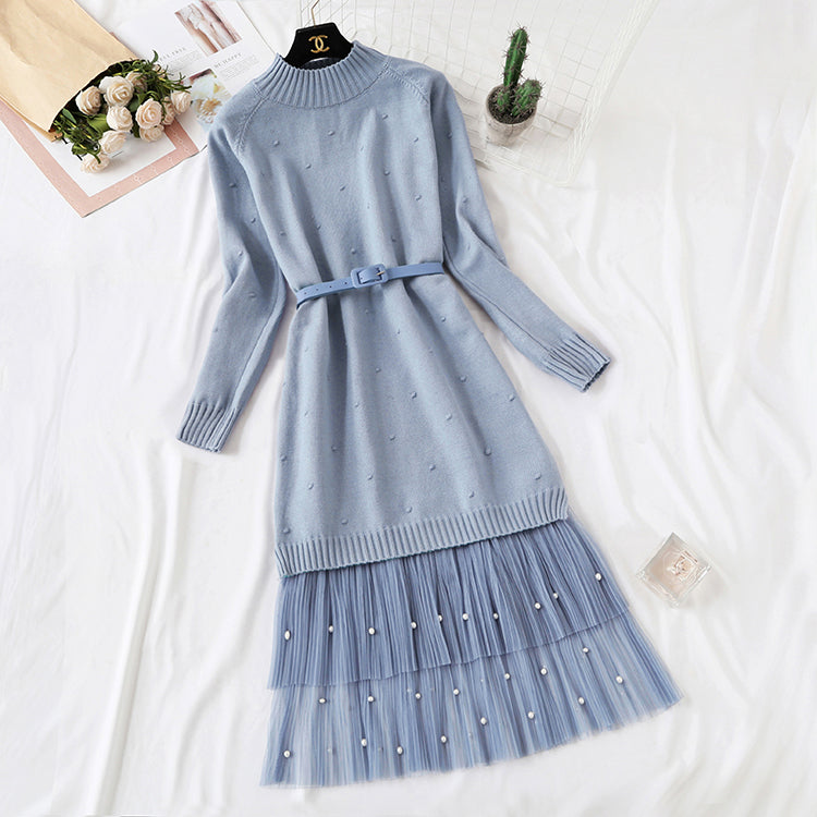 Long sweater skirt over knee net red yarn skirt two-piece suit  2142