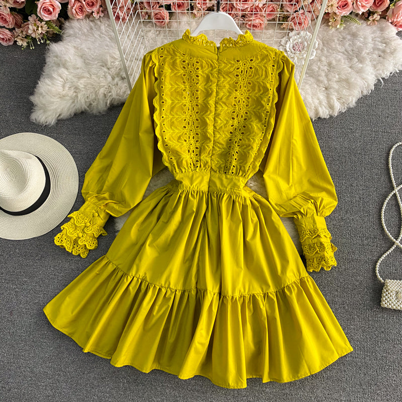 Vintage Lace Lace Up Pilzrand Laternenärmelkleid 3180