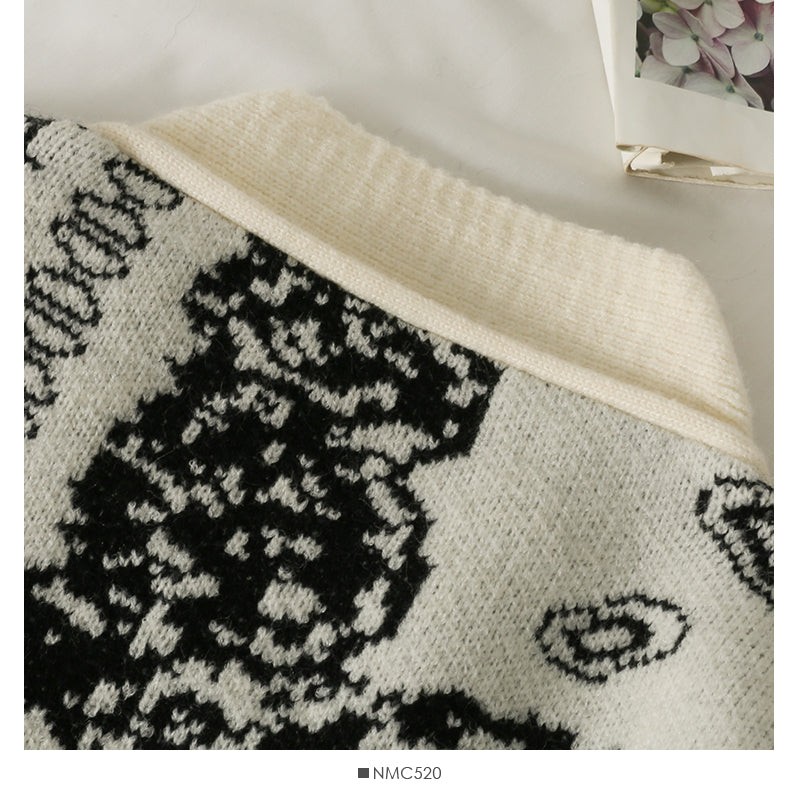 Vintage printed single breasted cardigan loose sweater women's new V-Neck long sleeve versatile sweater fashion  2031