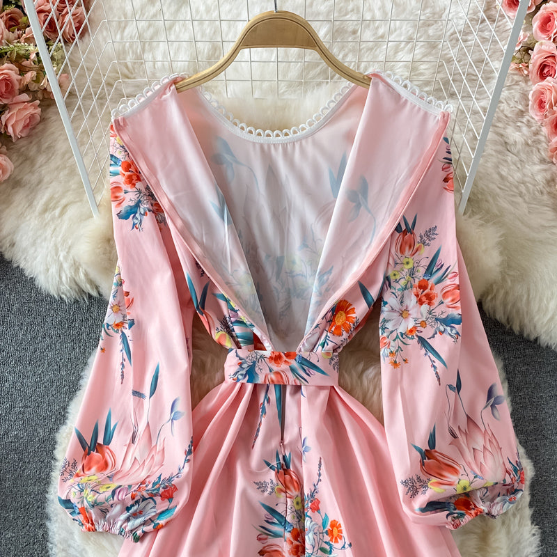 Court Style Vintage Lace Up waist slim print Crew Neck Dress  3211