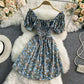 French sweet waist closing thin square neck bubble sleeve Floral Dress  3189
