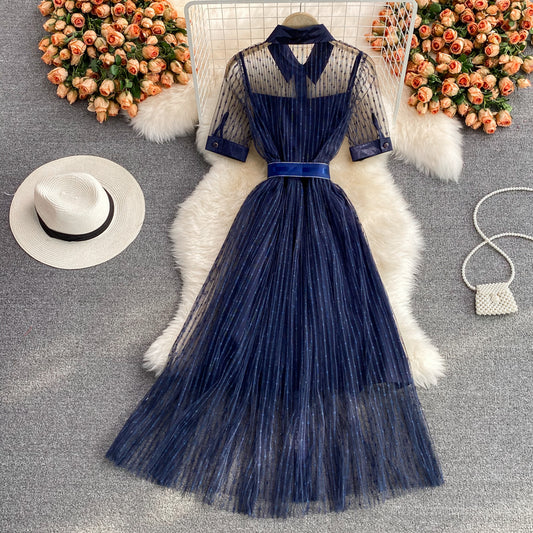 Light mature style embroidered mesh dress  2990