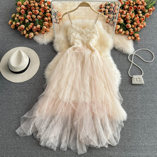 Mesh stitched suspender puffy skirt dress  2842