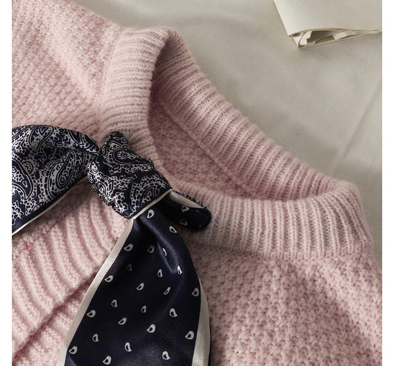 Haut cardigan vintage en tricot ample à simple boutonnage et à manches longues avec nœud papillon 1448