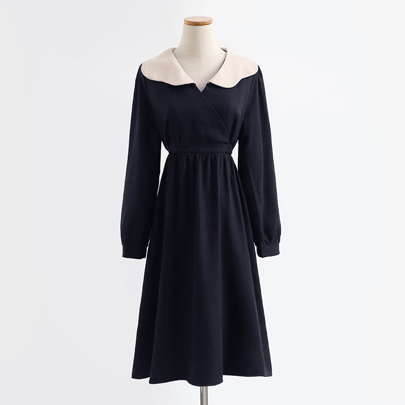 New French dress Hepburn wind lamp corduroy bottomed skirt baby collar skirt  2239