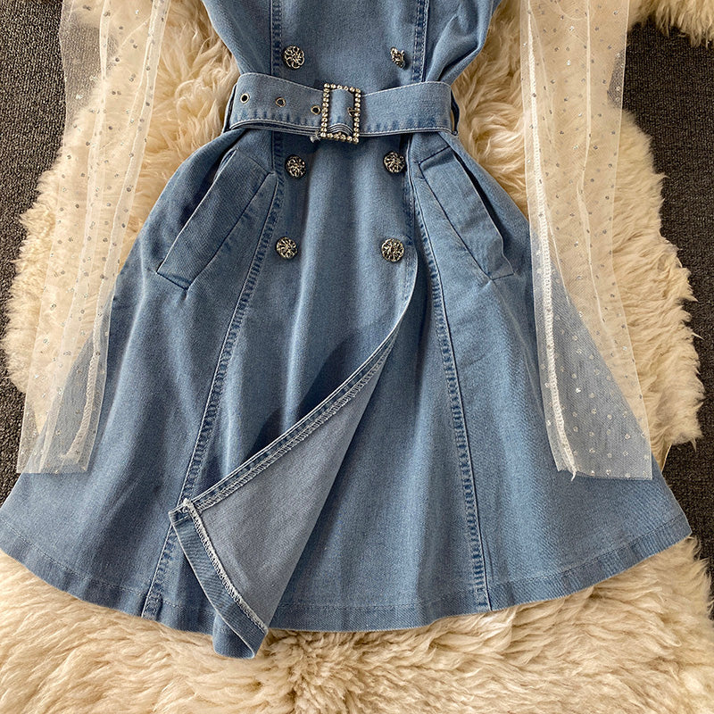 Schmales A-Linien-Jeansrockkleid mit Mesh-Nähten 3438