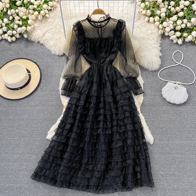 Leichter extravaganter Tortenrock Stehkragen Flare Sleeve Mesh Markisenrock 3020