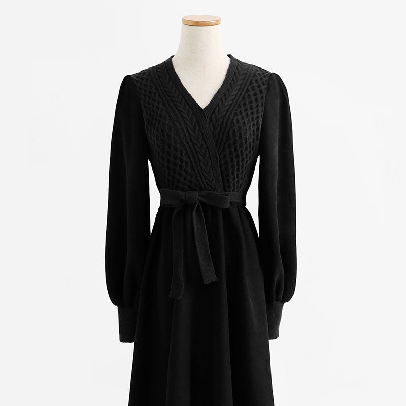 Knitted dress temperament high sense lace up wool dress inner match  2325