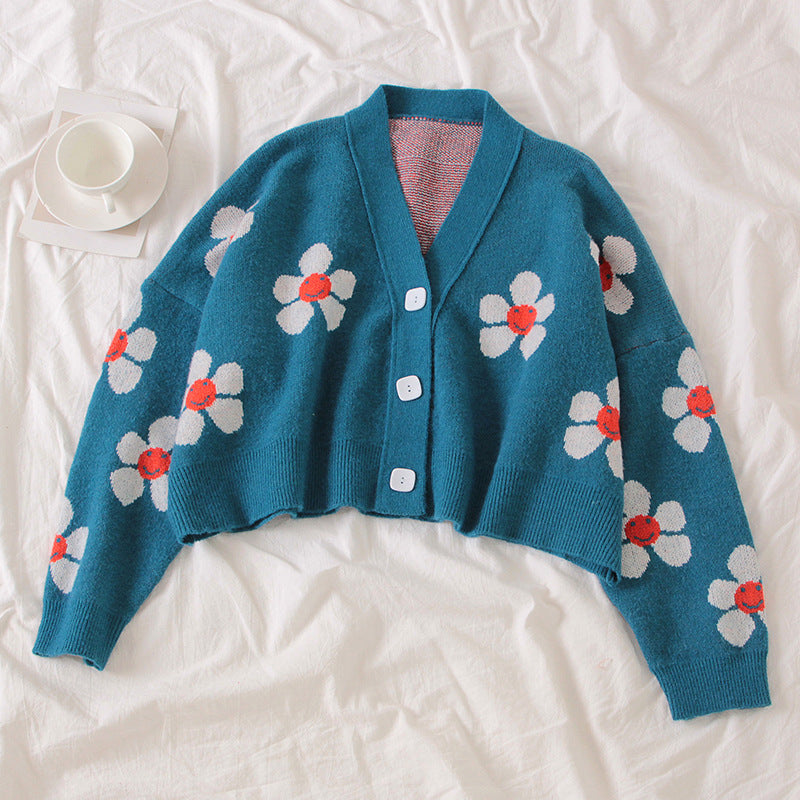 Preppy, floral knit coat, loose, V-neck, spring and autumn cardigan  1442