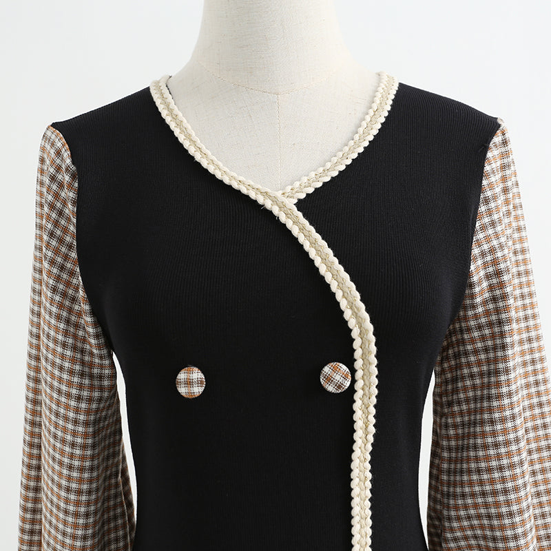 Dress long sleeve aging temperament Plaid knitted skirt with slim waist  2426