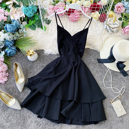 Lotusblatt-Swing-Kleid mit offenem Rücken und überkreuztem Hosenträgerrock, Taillenverschluss 2946