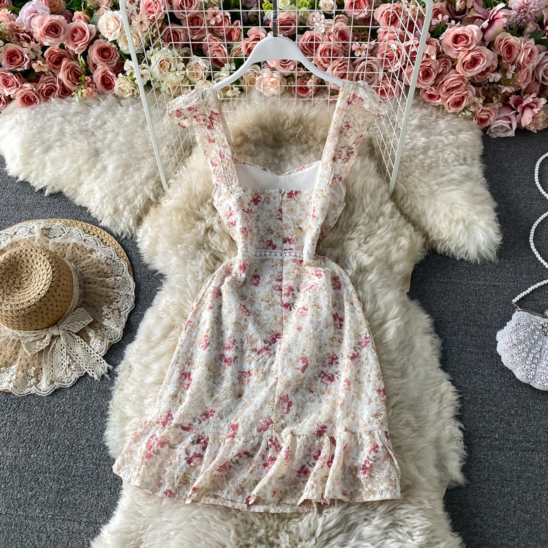 Französisches Retro-Strapskleid mit Spitzenstickerei und Blumenmuster 3436