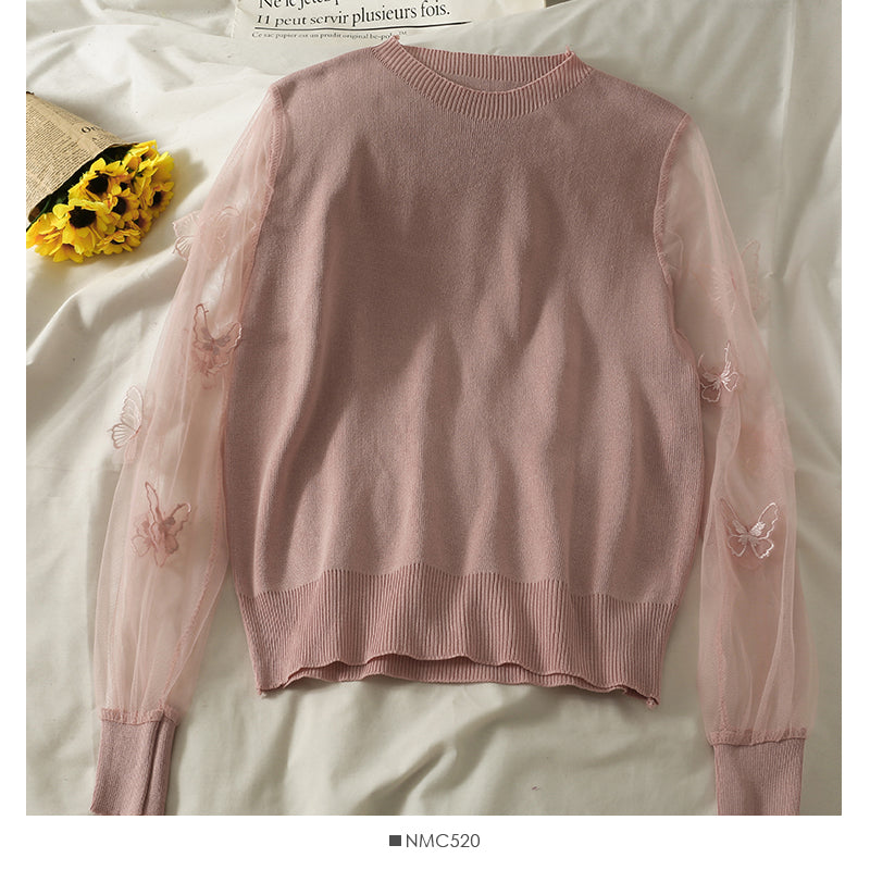 Mesh stitched three-dimensional butterfly long sleeve Pullover Sweater for women  2049