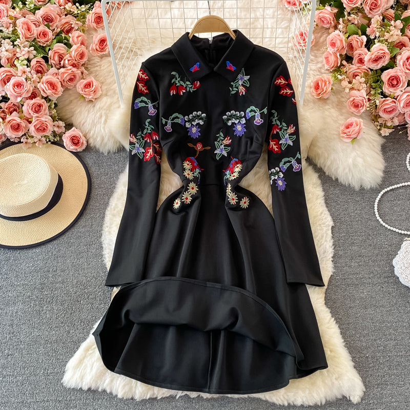 Celebrity temperament high-end Lapel embroidery dress  2916