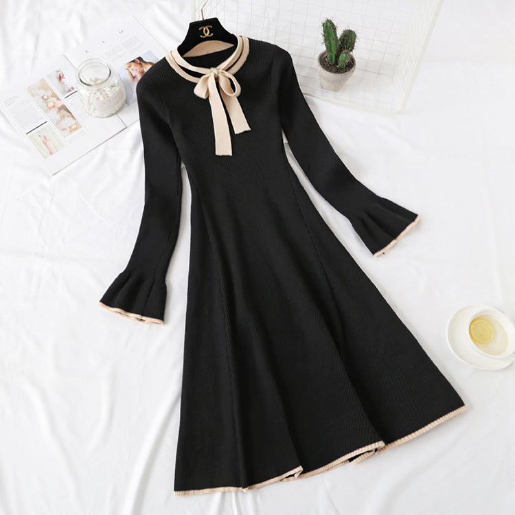 Knitted dress women's new French retro knee length wool dress  2144