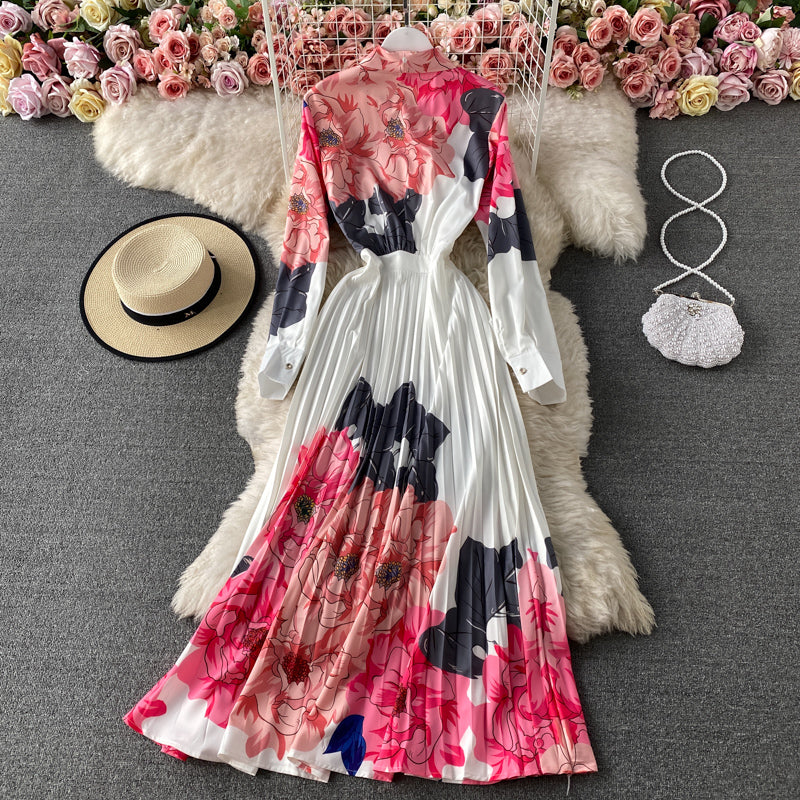 French elegant floral print Pleated Dress  3173