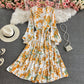 Wind round neck printed Bubble Sleeve Ruffle lace long skirt  3432
