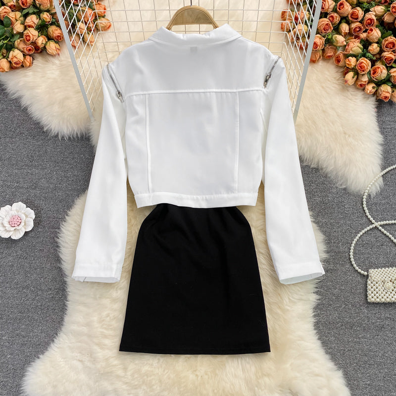 Black split vest skirt dress two piece set  2855