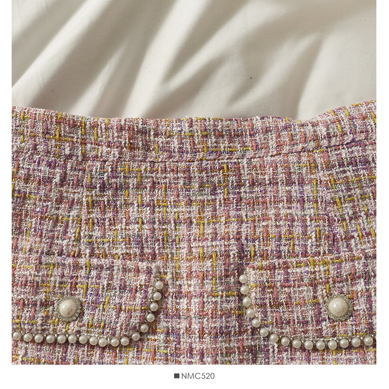 Hong Kong style retro Plaid tweed nail bead high waist hip wrap skirt female  2539