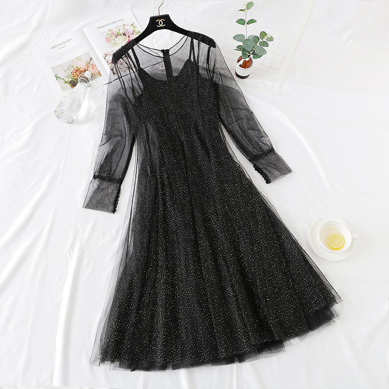 French minority retro doll skirt Sequin mesh dress  2470