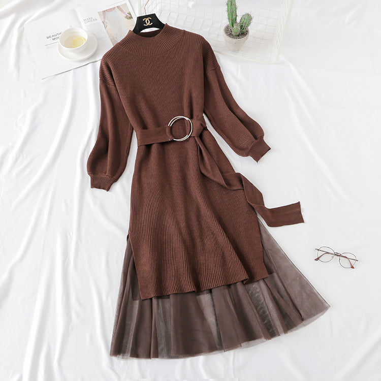 Knitted dress, women's French retro skirt, fashion suit, waist closing, thin temperament  2291