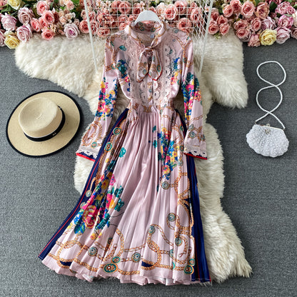 Celebrity temperament bow print Pleated Dress  3299