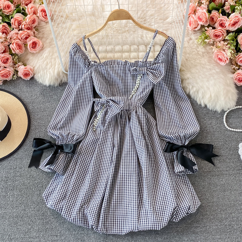 Sub suspender square neck dress flower bud puffy short skirt  3094