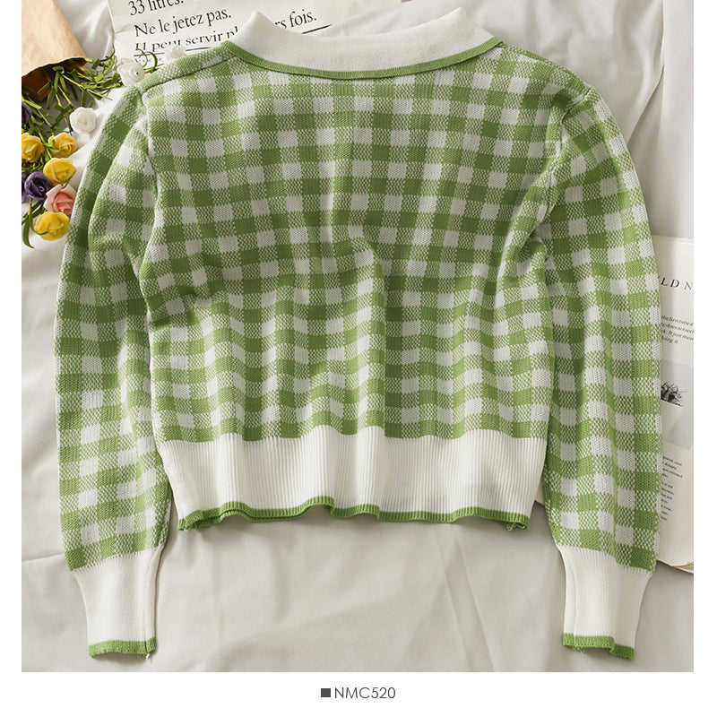 Contrast stitched Plaid Lapel short slim knit  2058